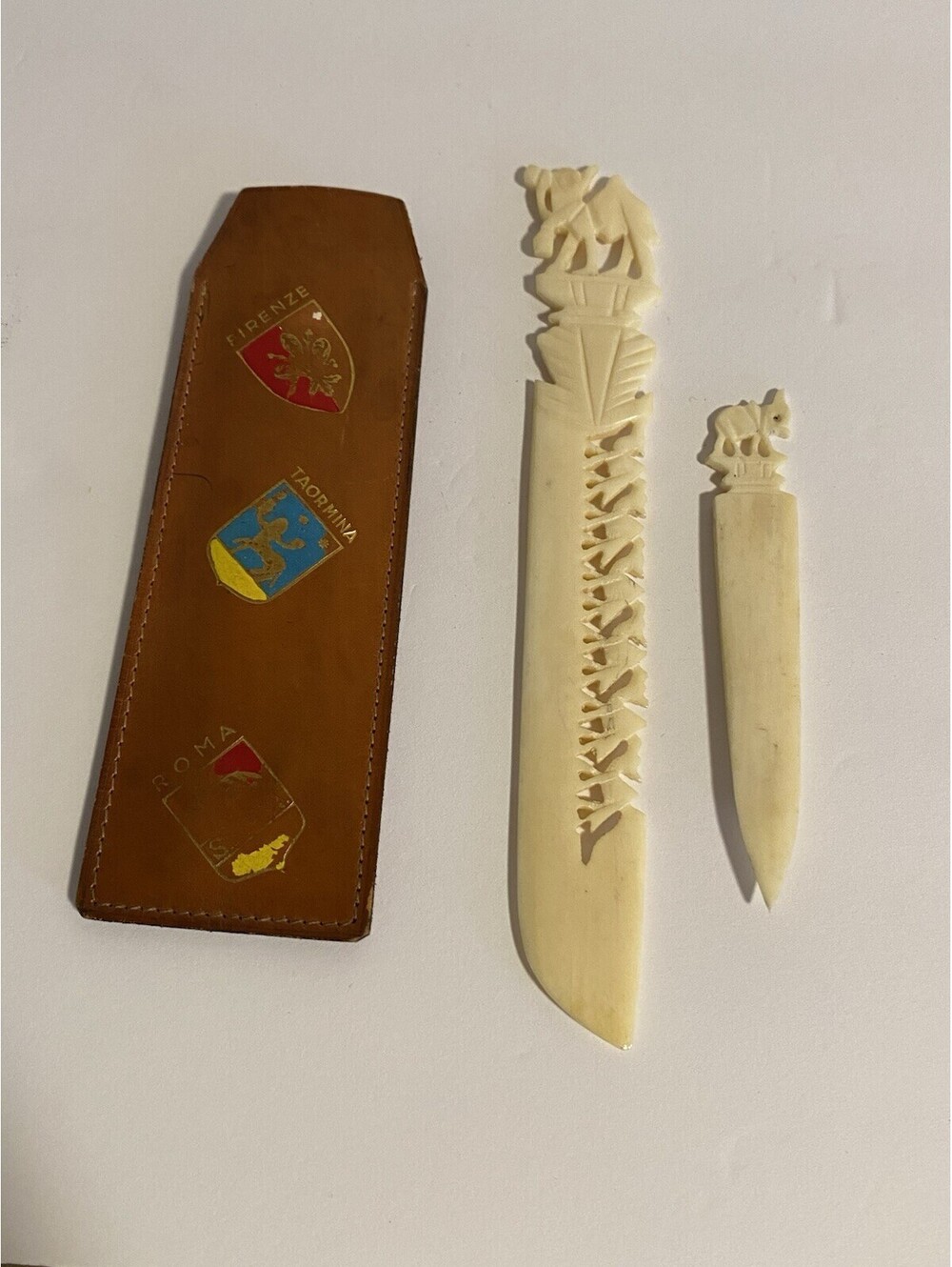 2 Rare Vintage Hand Carved Letter Openers Ivory Colored: Camels And Leather Case